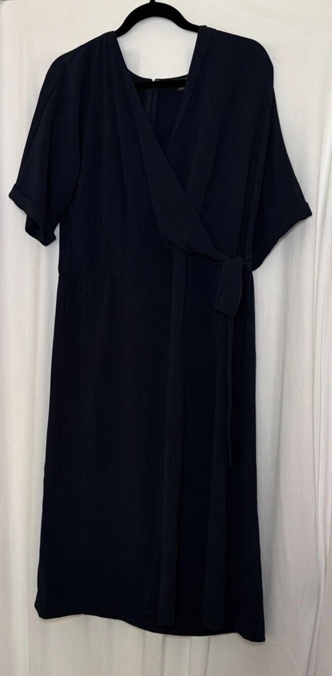 Ann Taylor Jersey Dress Beautiful Navy Faux Wrap Tie Waist Splice Top Size L